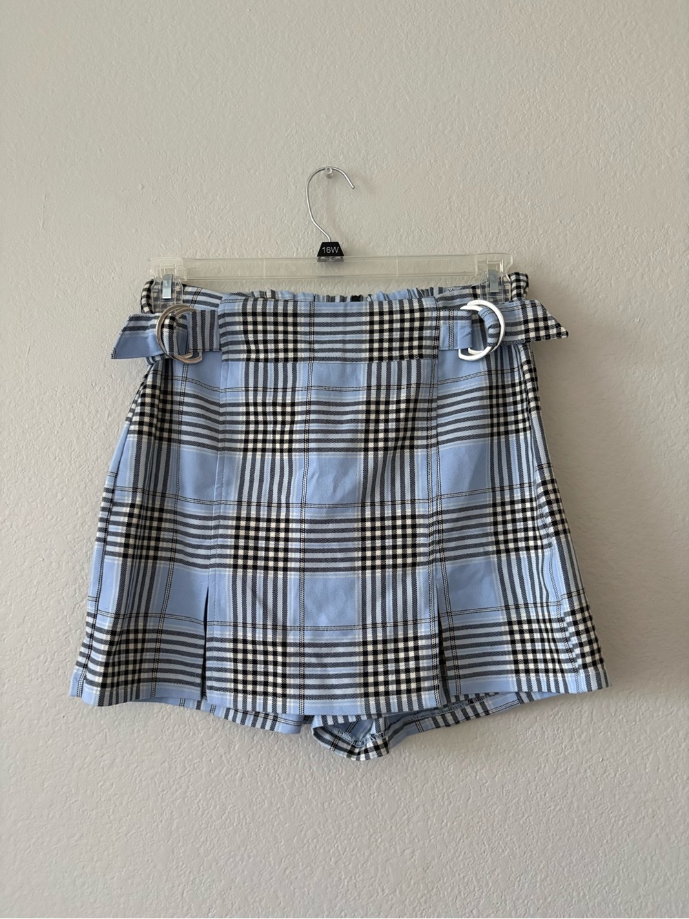 Bershka Light Blue Plaid Belted Skort Shorts